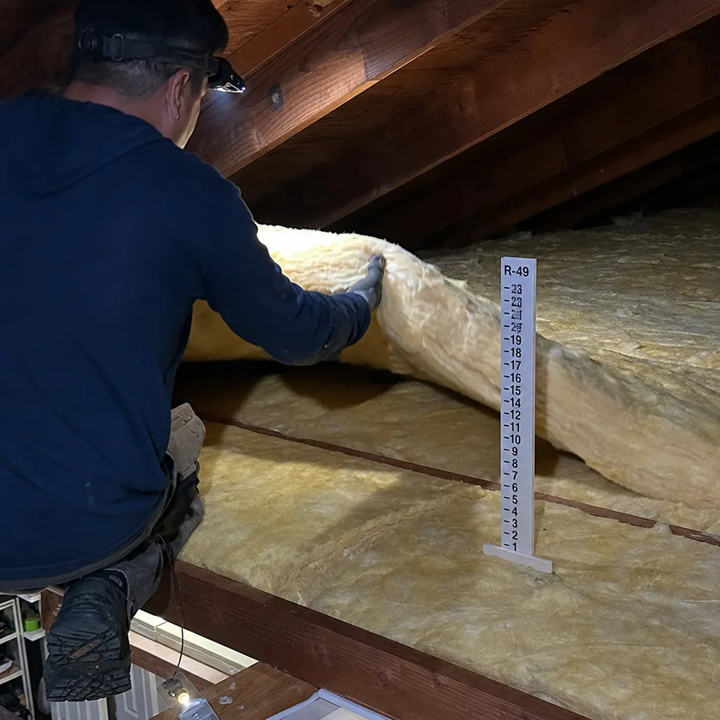 Technician checking attic insulation thickness with a depth gauge