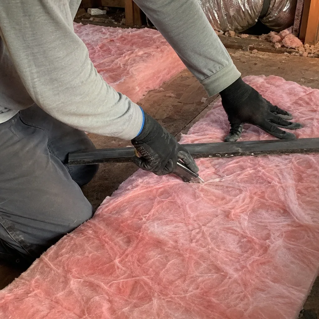 Professional cutting pink fiberglass attic insulation with a utility knife