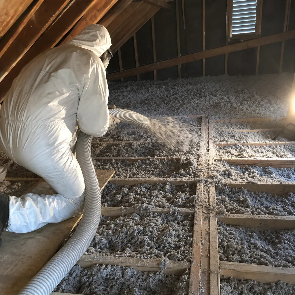 Professional contractor installing blown-in attic insulation with industrial hose.