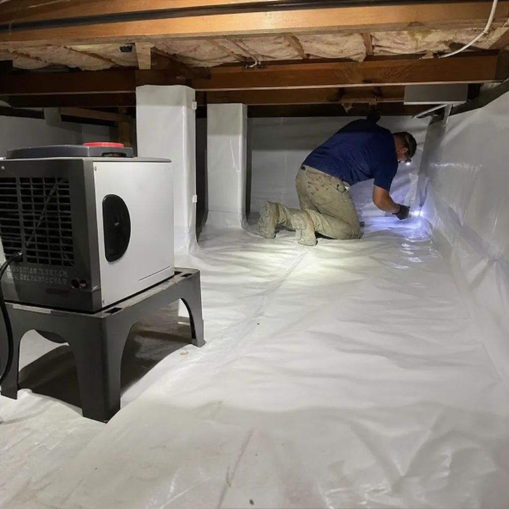 Technician performing professional crawl space encapsulation and vapor barrier installation.