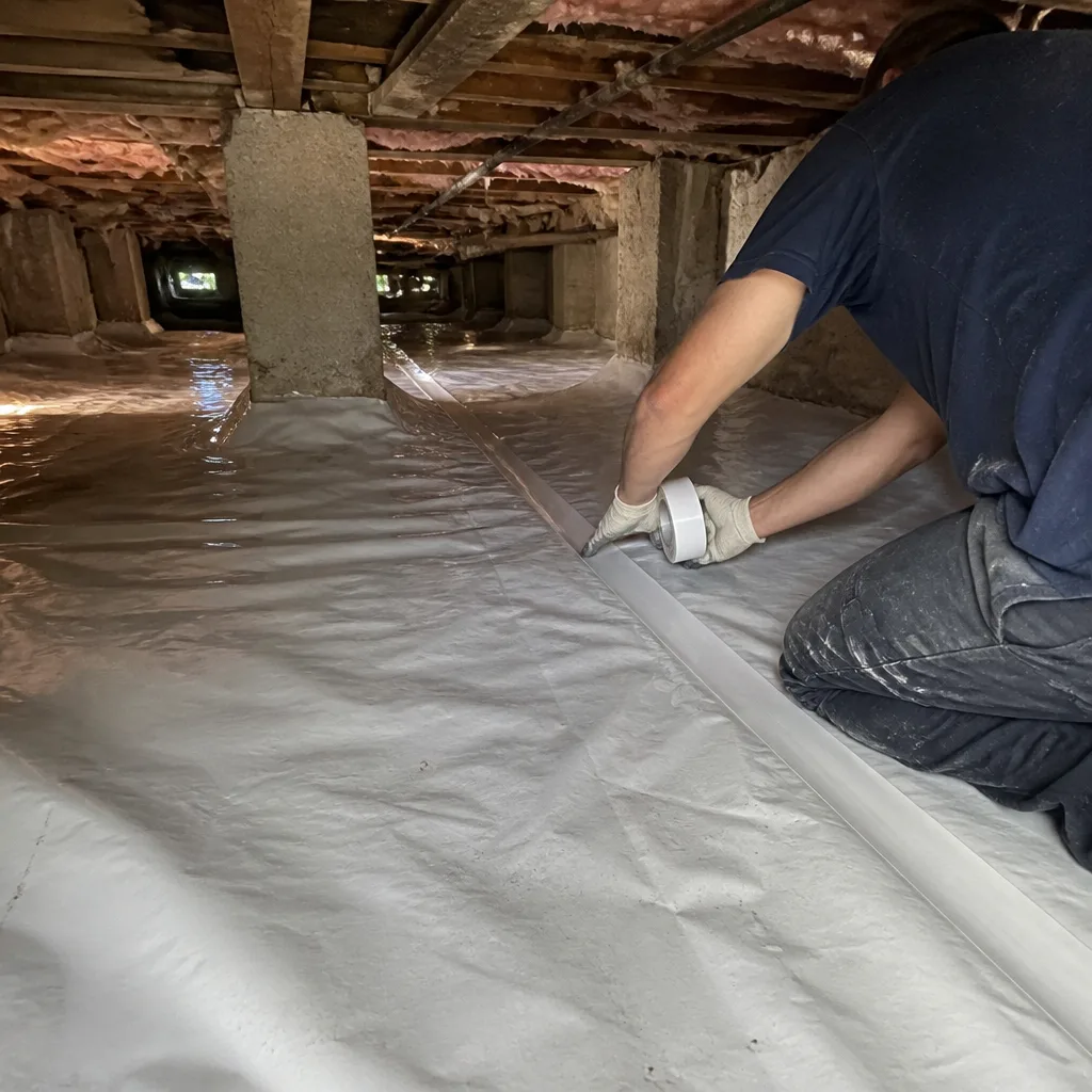 Technician installing vapor barrier for crawl space encapsulation and moisture control.