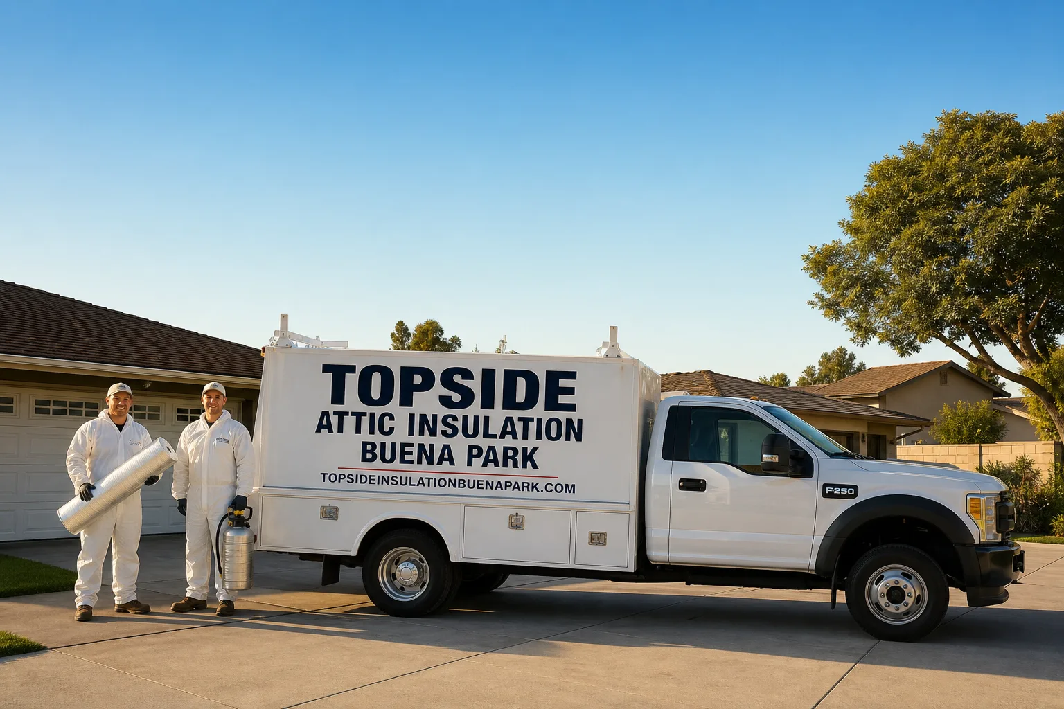 Topside Attic Insulation Buena Park insulation service vehicle and crew in Buena Park, CA